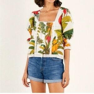 FARM RIO Cocoa Forest Puff-Sleeve Blouse - Excellent Used Condition, Large